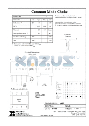 L-375 datasheet - Common Mode Choke