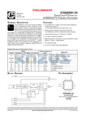 ICS840001AK-34 datasheet - FEMTOCLOCKS CRYSTAL-TO LVCMOS/LVTTL FREQUENCY SYNTHESIZER