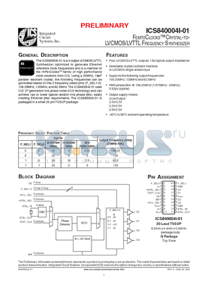 ICS840004AI01 datasheet - FEMTOCLOCKS CRYSTAL-TO LVCMOS/LVTTL FREQUENCY SYNTHESIZER