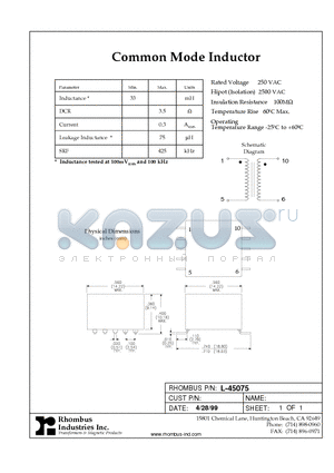 L-45075 datasheet - Common Mode Inductor
