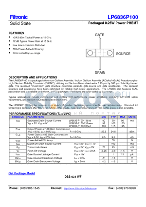 LP6836P100-2 datasheet - Packaged 0.25W Power PHEMT