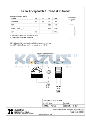 L-478 datasheet - Semi-Encapsulated Toroidal Inductor