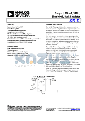 ADP2147ACBZ-130-R7 datasheet - Compact, 800 mA, 3 MHz, Simple DVS, Buck Regulator Input voltage: 2.3 V to 5.5 V