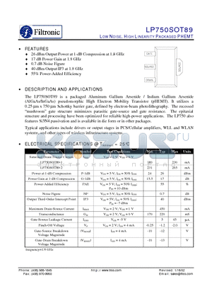 LP750SOT89-2 datasheet - LOW NOISE, HIGH LINEARITY PACKAGED PHEMT