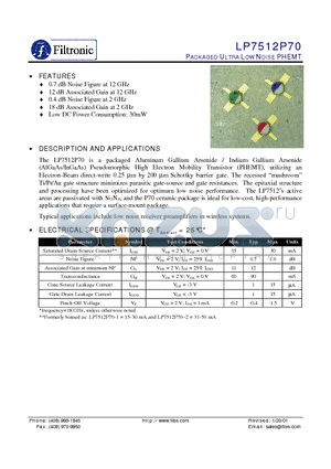 LP7512P70 datasheet - PACKAGED ULTRA LOW NOISE PHEMT