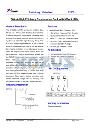 LP78081 datasheet - 600mA High Efficiency Synchronous Buck with 350mA LDO