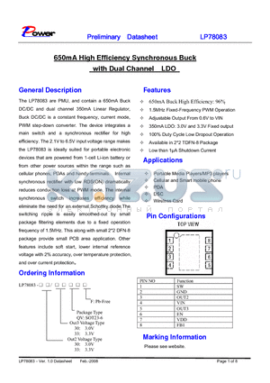 LP78083 datasheet - 650mA High Efficiency Synchronous Buck with Dual Channel LDO