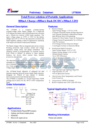 LP78084-18QVF datasheet - Total Power solution of Portable Applications 800mA Charge 800mA Buck DC/DC300mA LDO