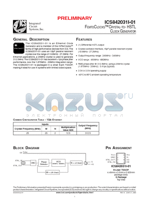 ICS842031AGI-01 datasheet - FEMTOCLOCKS CRYSTAL-TO- HSTL CLOCK GENERATOR