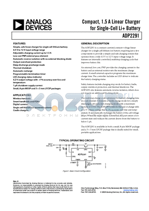 ADP2291 datasheet - Compact, 1.5 A Linear Charger for Single-Cell Li Battery