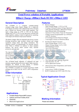 LP78084-30QVF datasheet - Total Power solution of Portable Applications 800mA Charge 800mA Buck DC/DC300mA LDO