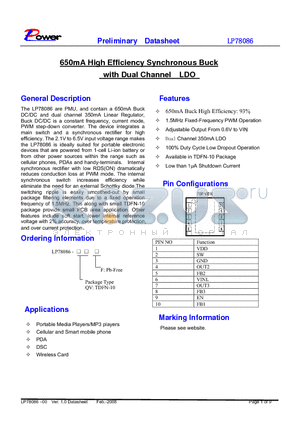 LP78086 datasheet - 650mA High Efficiency Synchronous Buck with Dual Channel LDO