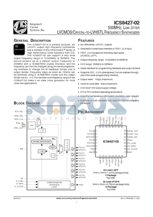ICS8427DK-02T datasheet - 500MHZ, LOW JITTER LVCMOS/CRYSTAL-TO-LVHSTL FREQUENCY SYNTHESIZER