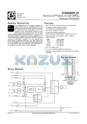 ICS843001AG-21LF datasheet - FEMTOCLOCKS CRYSTAL-TO-3.3V LVPECL FREQUENCY SYNTHESIZER