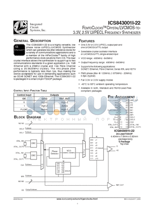ICS843001AGI-22T datasheet - FEMTOCLOCKS CRYSTAL/LVCMOS-TO-3.3V, 2.5V LVPECL FREQUENCY SYNTHESIZER