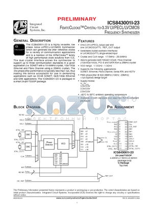 ICS843001AGI-23LFT datasheet - FEMTOCLOCKS CRYSTAL-TO-3.3V LVPECL/LVCMOS FREQUENCY SYNTHESIZER