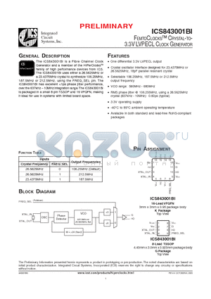 ICS843001BGILFT datasheet - FEMTOCLOCKS CRYSTAL-TO-3.3V LVPECL CLOCK GENERATOR