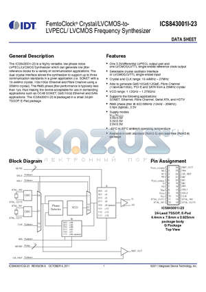 ICS843001I-23 datasheet - FemtoClock^ Crystal/LVCMOS-to-LVPECL/ LVCMOS Frequency Synthesizer