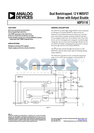 ADP3110 datasheet - Dual Bootstrapped, 12 V MOSFET Driver with Output Disable