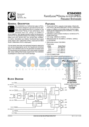 ICS843003AGT datasheet - FEMTOCLOCKS CRYSTAL-TO-3.3V LVPECL FREQUENCY SYNTHESIZER