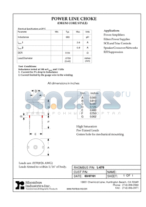 L-678 datasheet - POWER LINE CHOKE