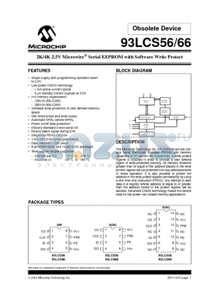 93LCS56-I/SN datasheet - 2K/4K 2.5V Microwire Serial EEPROM with Software Write Protect