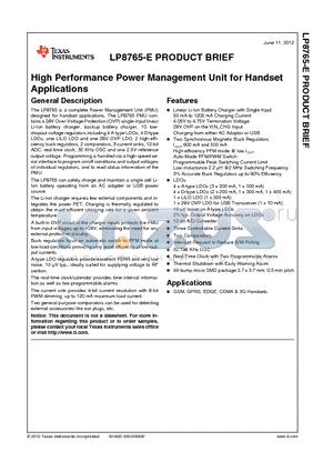 LP8765-E datasheet - High Performance Power Management Unit for Handset Applications