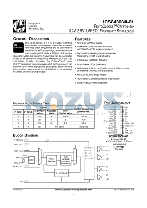 ICS843004AI01 datasheet - FEMTOCLOCKS-TM CRYSTAL-TO- 3.3V, 2.5V LVPECL FREQUENCY SYNTHESIZER