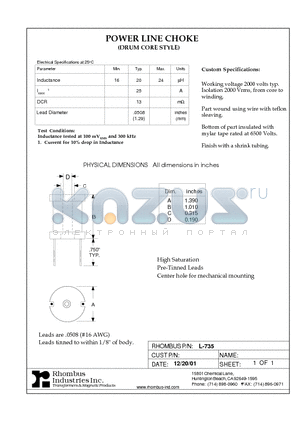 L-735 datasheet - POWER LINE CHOKE