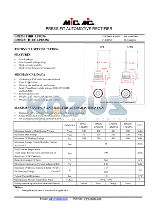 LPB251 datasheet - PRESS FIT AUTOMOTIVE RECTIFIER