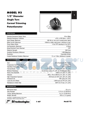 93PR20LF datasheet - 1/2 Diameter Single Turn Cermet Trimming Potentiometer