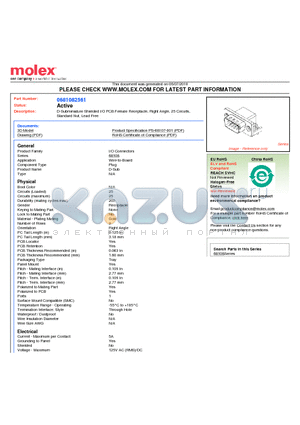 68108-2561 datasheet - D-Subminiature Shielded I/O PCB Female Receptacle, Right Angle, 25 Circuits, Standard Nut, Lead Free