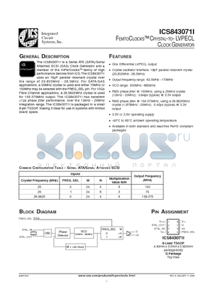 ICS843071AGILF datasheet - FEMTOCLOCKS CRYSTAL-TO- LVPECL CLOCK GENERATOR