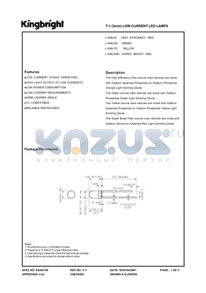 L-934LYD datasheet - T-1 (3mm) LOW CURRENT LED LAMPS