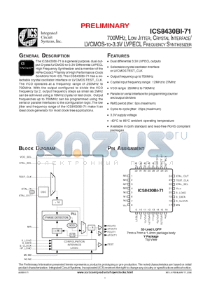 ICS8430BYI-71 datasheet - 700MHZ, LOW JITTER, CRYSTAL INTERFACE / LVCMOS-TO-3.3V LVPECL FREQUENCY SYNTHESIZER