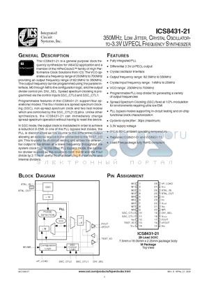 ICS8431-21 datasheet - 350MHZ, LOW JITTER, CRYSTAL OSCILLATOR-TO-3.3V LVPECL FREQUENCY SYNTHESIZER