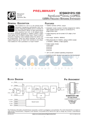 ICS843101I-100 datasheet - FEMTOCLOCKS CRYSTAL-TO-LVPECL 100MHZ FREQUENCY MARGINING SYNTHESIZER