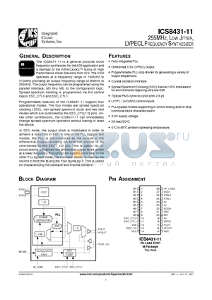 ICS8431CM-11T datasheet - 255MHZ, LOW JITTER, LVPECL FREQUENCY SYNTHESIZER
