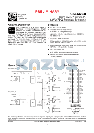 ICS843204I datasheet - FEMTOCLOCKS CRYSTAL-TO-3.3V LVPECL FREQUENCY SYNTHESIZER