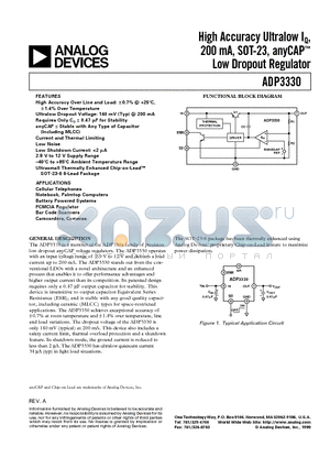 ADP3330 datasheet - High Accuracy Ultralow IQ, 200 mA, SOT-23, anyCAP Low Dropout Regulator