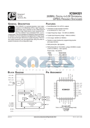ICS84321AYLF datasheet - 260MHZ, CRYSTAL-TO-3.3V DIFFERENTIAL LVPECL FREQUENCY SYNTHESIZER