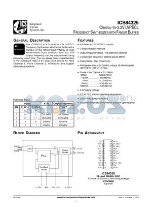 ICS84325 datasheet - CRYSTAL-TO-3.3V LVPECL FREQUENCY SYNTHESIZER WITH FANOUT BUFFER