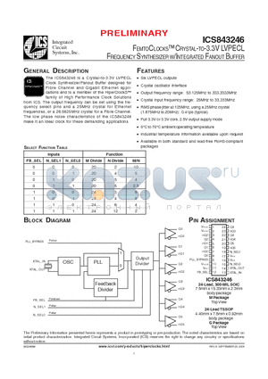 ICS843246AGLF datasheet - FEMTOCLOCKS CRYSTAL-TO-3.3V LVPECL FREQUENCY SYNTHESIZER W/INTEGRATED FANOUT BUFFER