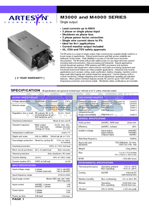M3000 datasheet - Single output 3000 and 4000 Watt AC/DC high current power supplies with PFC