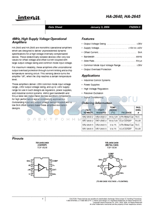 HA2-2640-2 datasheet - 4MHz, High Supply Voltage Operational Amplifiers