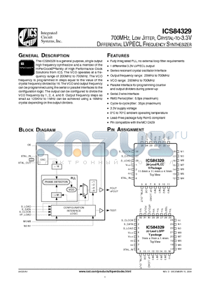 ICS84329AVT datasheet - 700MHZ, LOW JITTER, CRYSTAL-TO-3.3V DIFFERENTIAL LVPECL FREQUENCY SYNTHESIZER