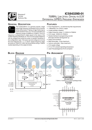 ICS84329BM-01 datasheet - 700MHZ, LOW JITTER, CRYSTAL-TO-3.3V DIFFERENTIAL LVPECL FREQUENCY SYNTHESIZER