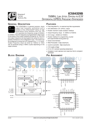 ICS84329BVT datasheet - 700MHZ, LOW JITTER, CRYSTAL-TO-3.3V DIFFERENTIAL LVPECL FREQUENCY SYNTHESIZER