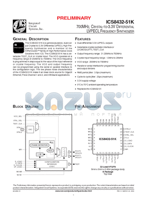 ICS8432BK-51T datasheet - 700MHZ, CRYSTAL-TO-3.3V DIFFERENTIAL LVPECL FREQUENCY SYNTHESIZER