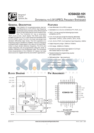 ICS8432DY-101 datasheet - 700MHZ, DIFFERENTIAL-TO-3.3V LVPECL FREQUENCY SYNTHESIZER